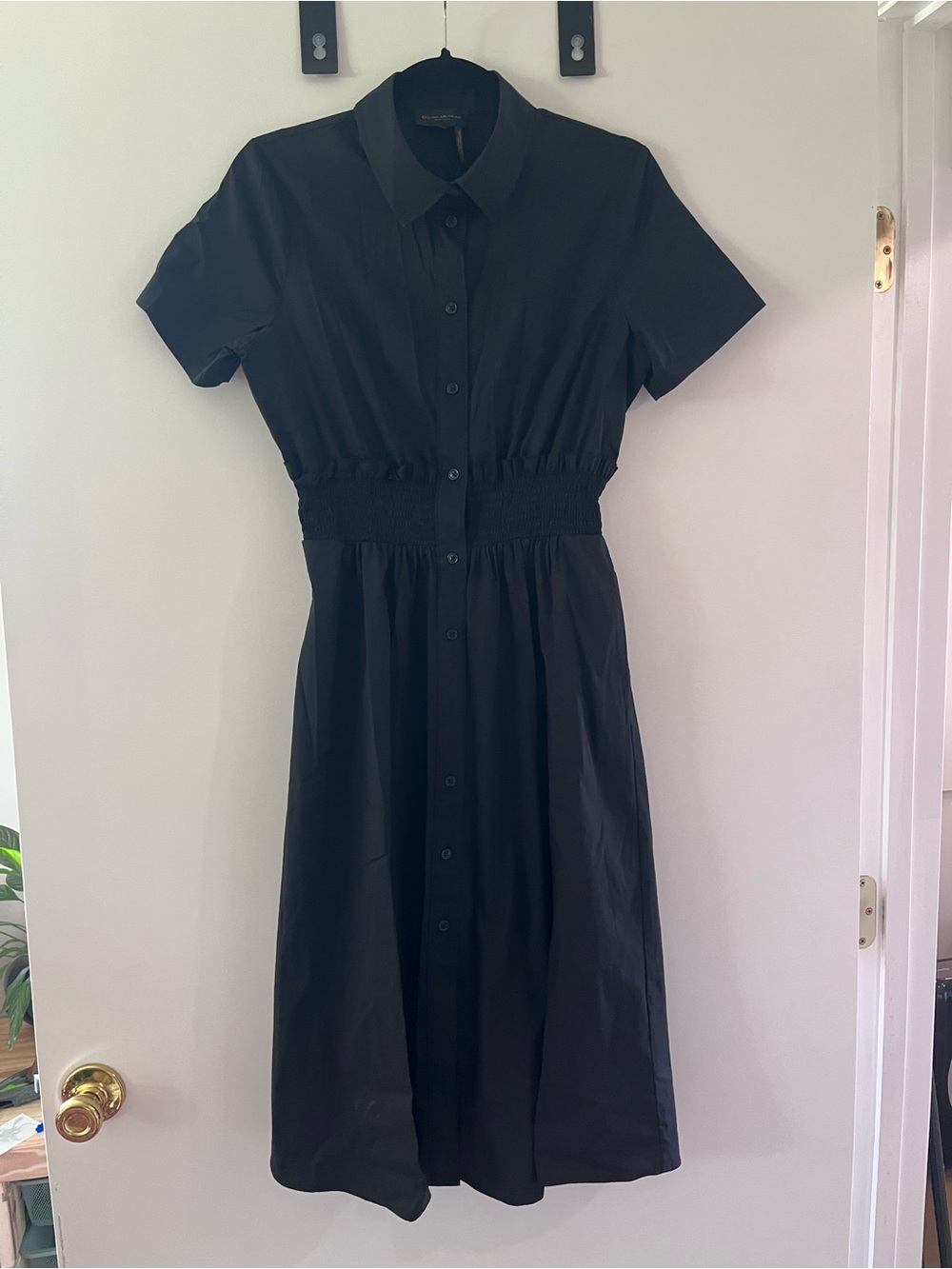 Donna Karan Black Short-Sleeve Smocked-Waist Midi Dress